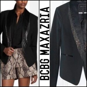 NEW! BCBGMAXAZRIA Black Bridget Chain Fringe Tuxedo Blazer XXS.